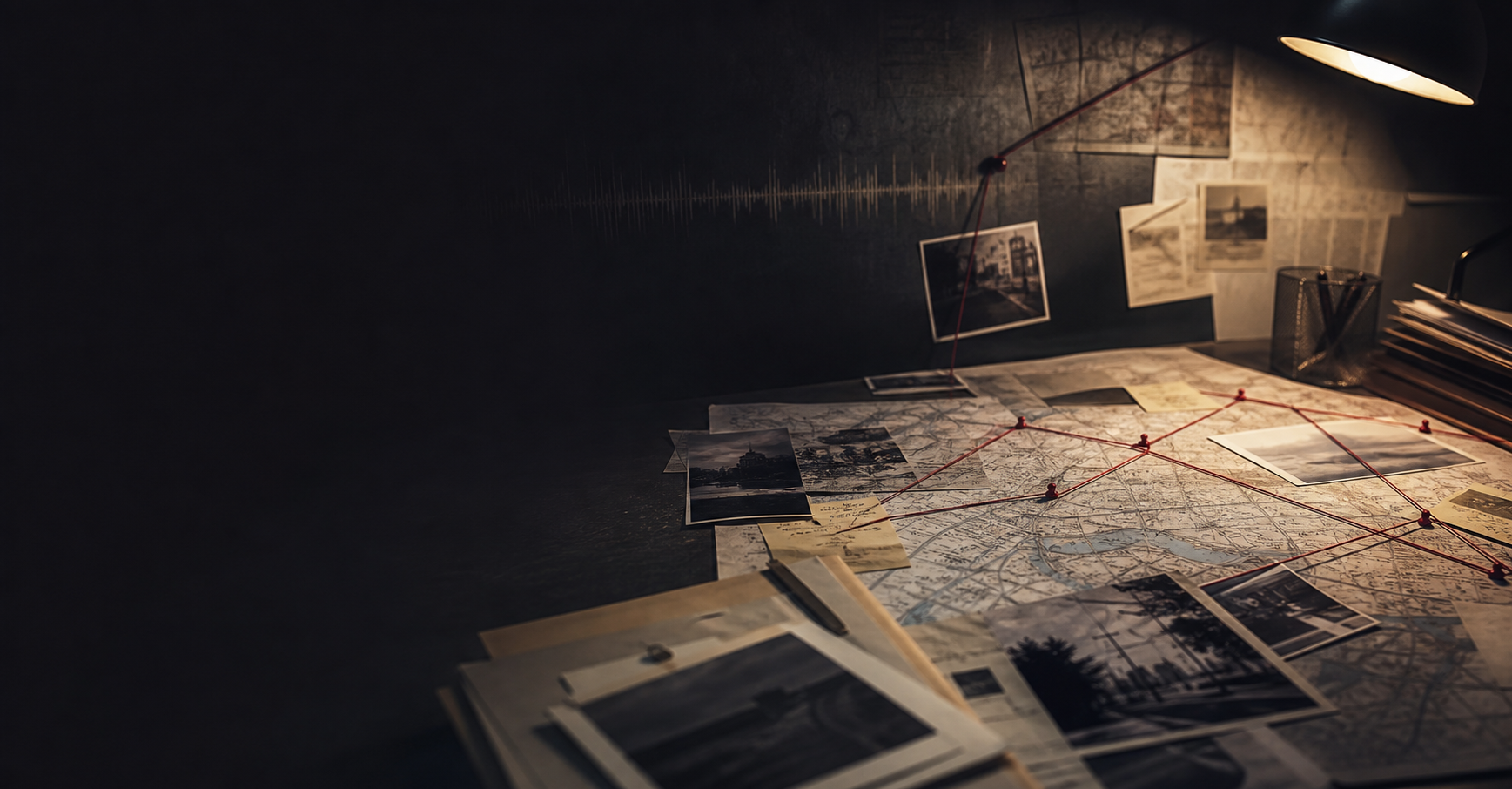 A dark investigative desk with case papers, map details, and a restrained red thread path.